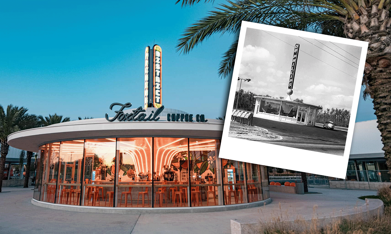two images of new juice stand in color and old juice stand in black and white